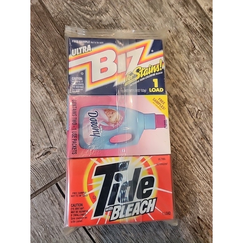 SAMPLES Packs 1995 BIZ Laundry Detergent + DOWNY ULTRA + Tide w/ bleach Powder